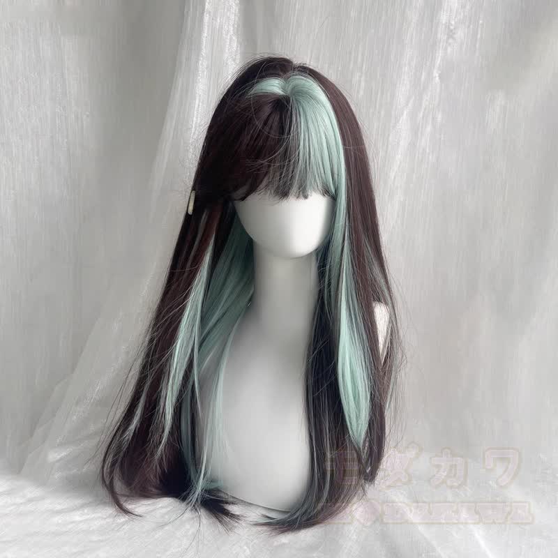 Lolita Dopamine Cosplay Gradient Color Long Wavy Wig - Brown‑Black Highlight Mint Green Wig 65CM - image 10