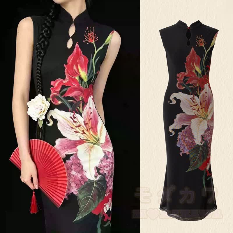 Chinese Style Lily Floral Print Sleeveless Long Qipao Dress - image 1