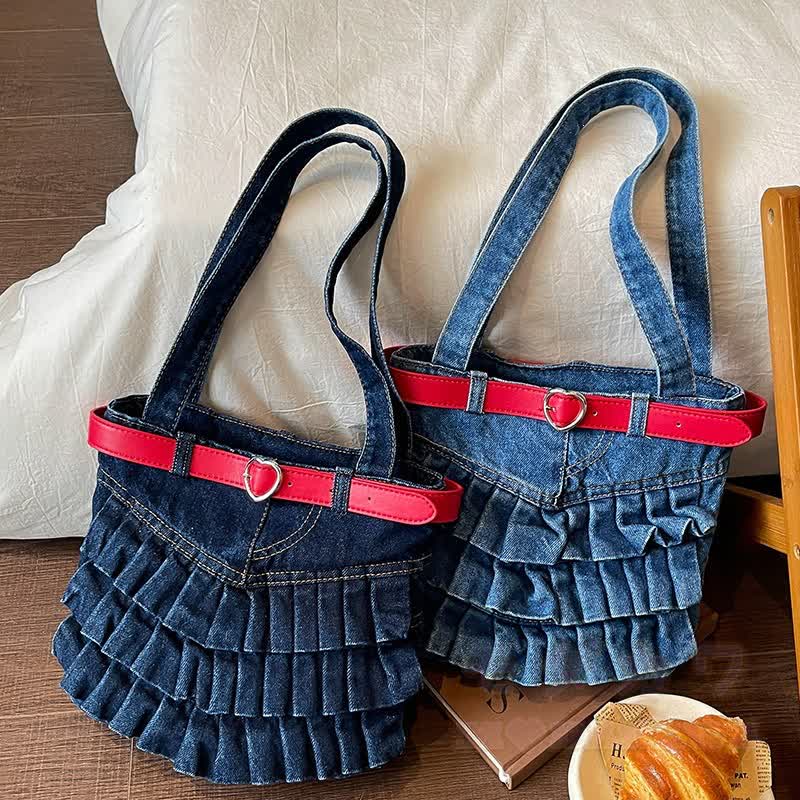 Vintage Washed Denim Ruffle Bag With Red Heart‑Buckle Strap - image 1