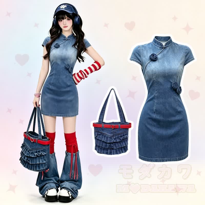 Chinese Style Gradient Denim Stand Collar Short Qipao Dress - image 1