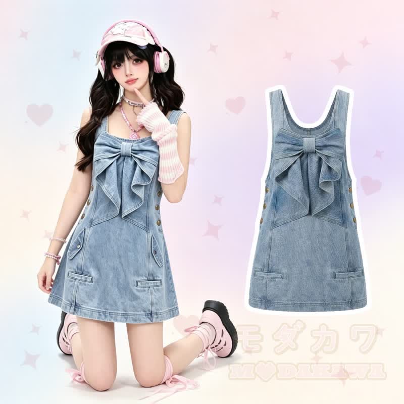 Sweet Blue 3D Bow Sleeveless Denim Dress - image 1