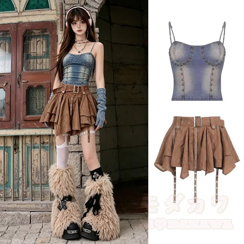 Vintage Denim Rivet Cami Top Irregular Ruffled Skirt Two Pieces Set - image 1
