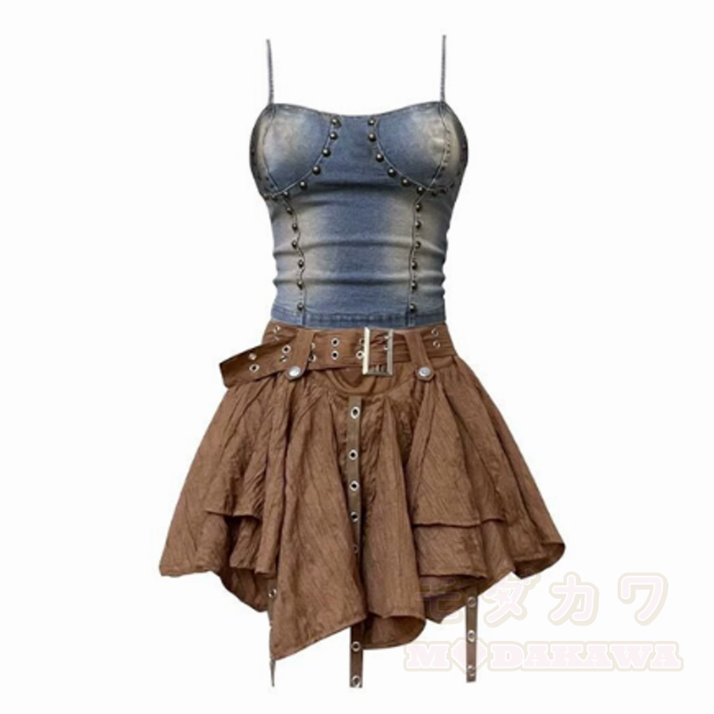 Vintage Denim Rivet Cami Top Irregular Ruffled Skirt Two Pieces Set - Top + Brown Skirt - XL - image 8