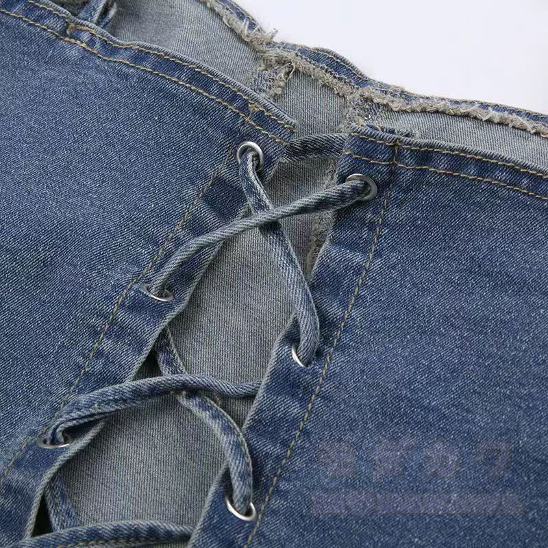 Vintage Denim Rivet Cami Top Irregular Ruffled Skirt Two Pieces Set - image 7