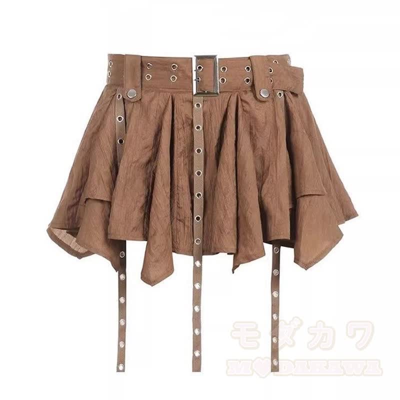 Vintage Denim Rivet Cami Top Irregular Ruffled Skirt Two Pieces Set - Brown Skirt - XL - image 10