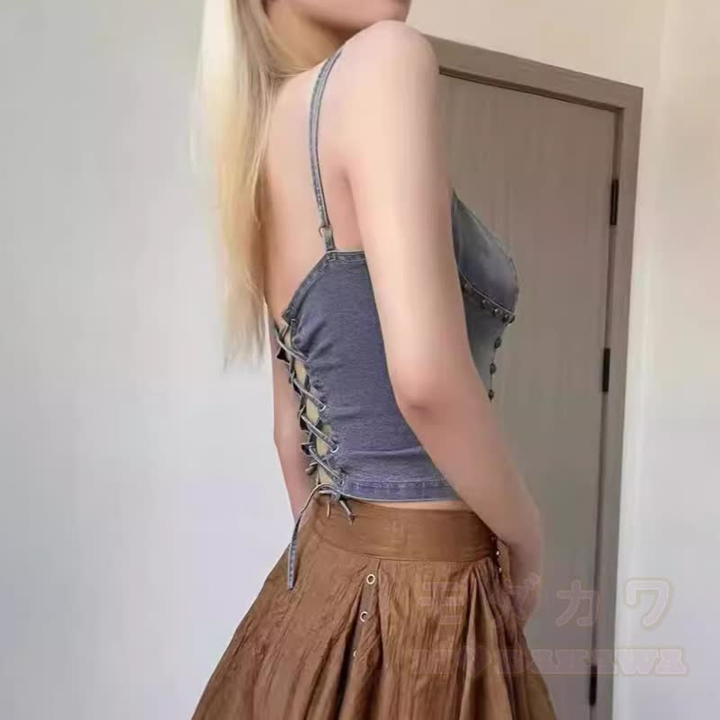 Vintage Denim Rivet Cami Top Irregular Ruffled Skirt Two Pieces Set - image 3