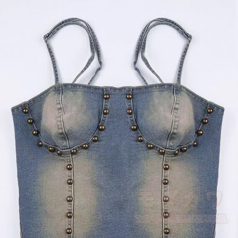 Vintage Denim Rivet Cami Top Irregular Ruffled Skirt Two Pieces Set - image 6