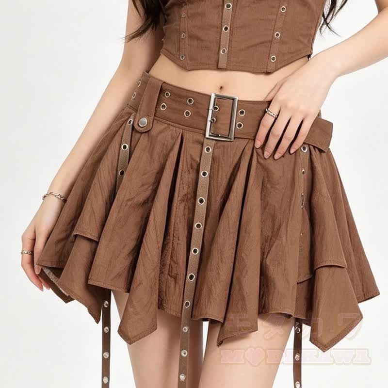 Vintage Denim Rivet Cami Top Irregular Ruffled Skirt Two Pieces Set - image 5