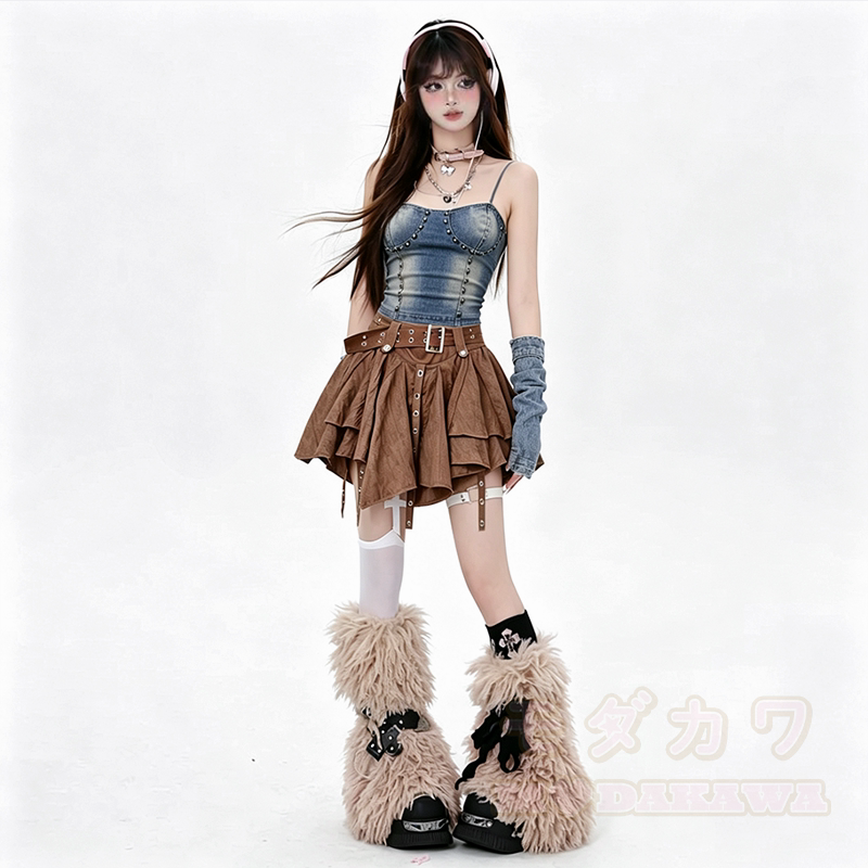 Vintage Denim Rivet Cami Top Irregular Ruffled Skirt Two Pieces Set - image 2