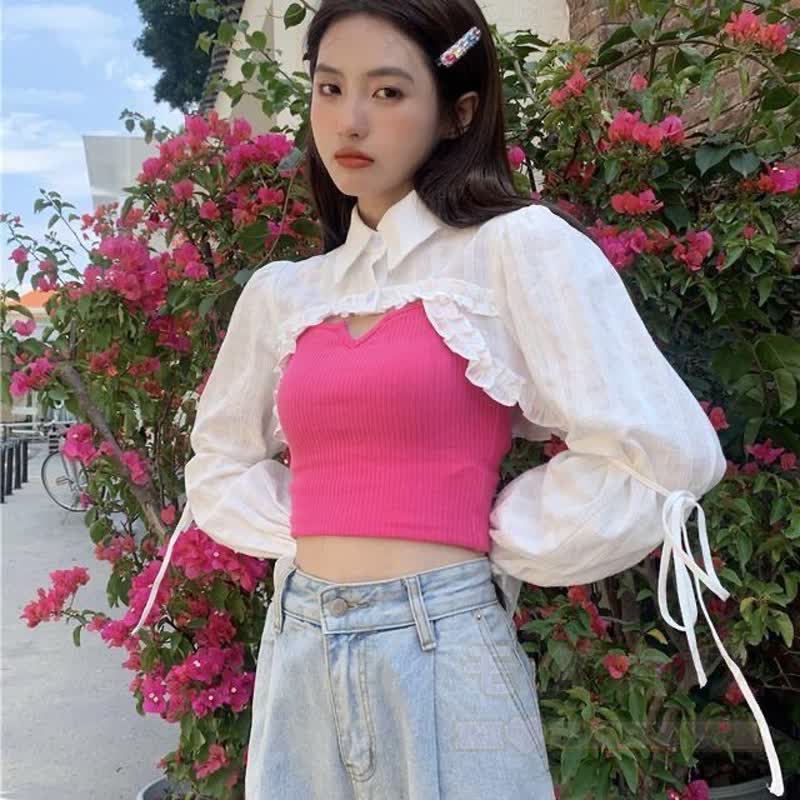 Vintage Denim Cami Dress With Long Sleeve Cropped Shirt Two Pieces Set  - Pink Cami Top - XL - image 3