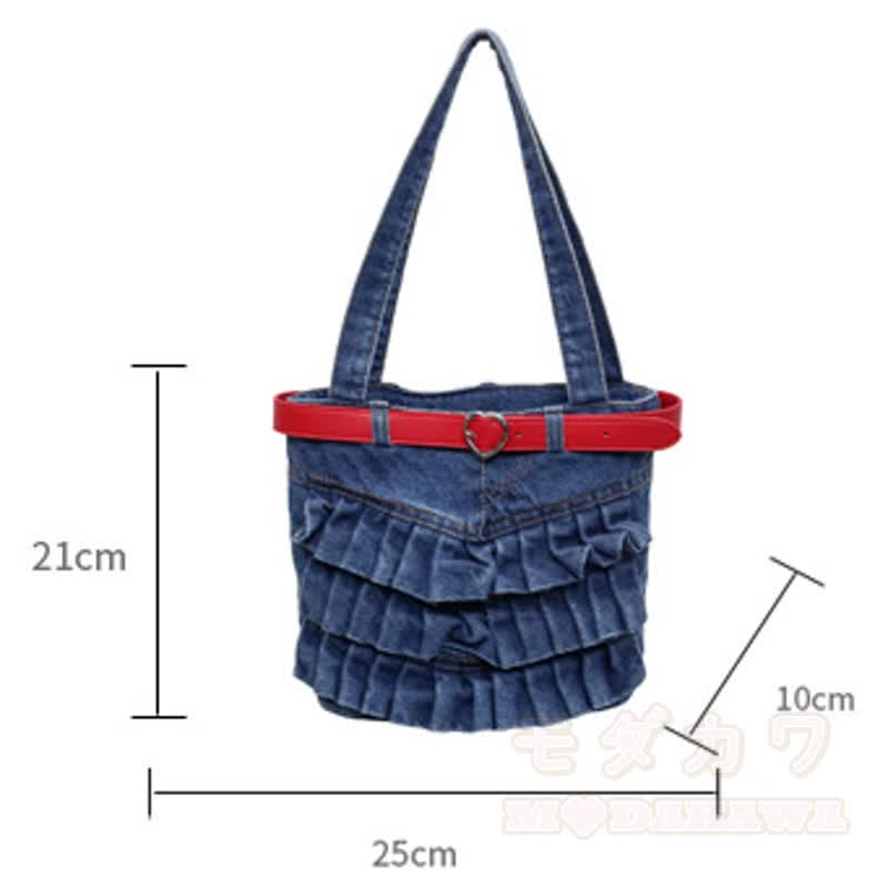 Vintage Washed Denim Ruffle Bag With Red Heart‑Buckle Strap - image 8