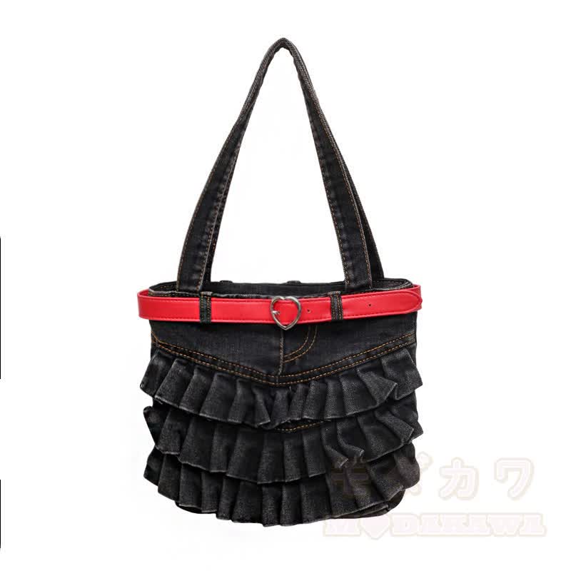 Vintage Washed Denim Ruffle Bag With Red Heart‑Buckle Strap - Black - One Size - image 5
