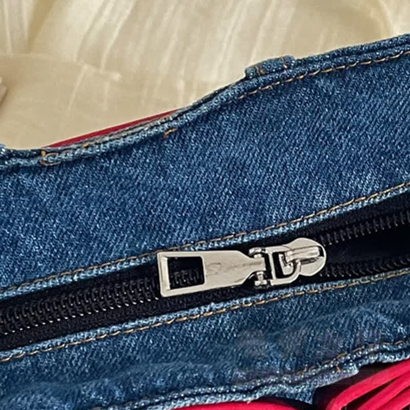 Vintage Washed Denim Ruffle Bag With Red Heart‑Buckle Strap - image 3