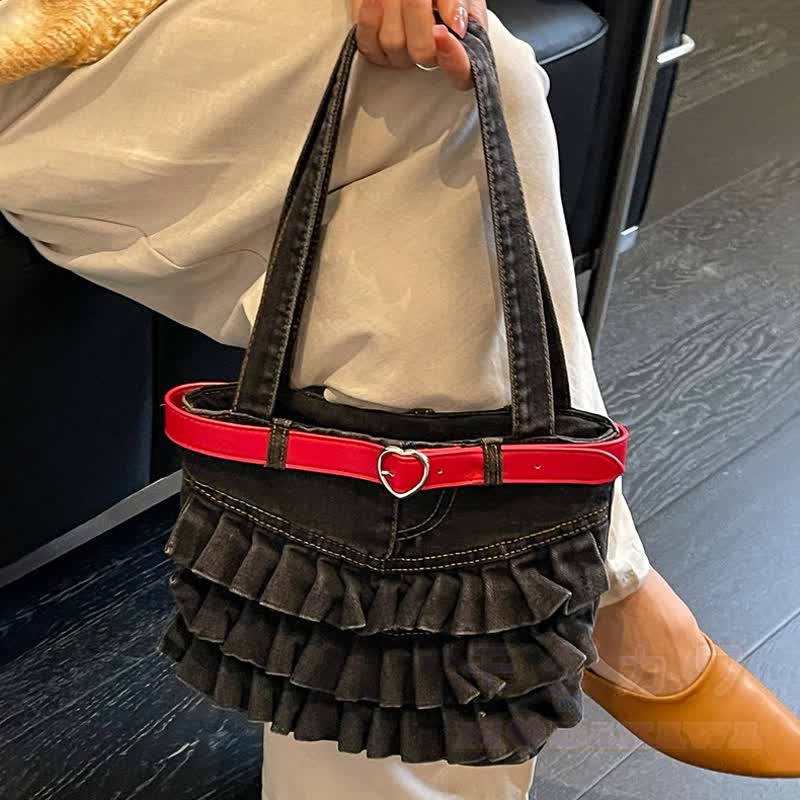 Vintage Washed Denim Ruffle Bag With Red Heart‑Buckle Strap - image 2