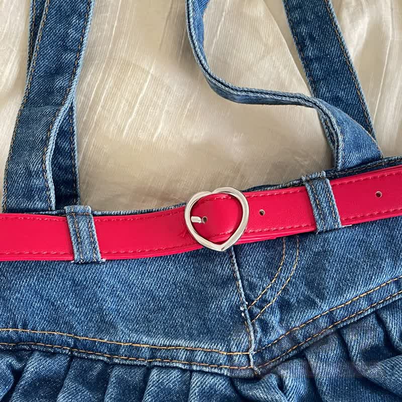 Vintage Washed Denim Ruffle Bag With Red Heart‑Buckle Strap - image 4