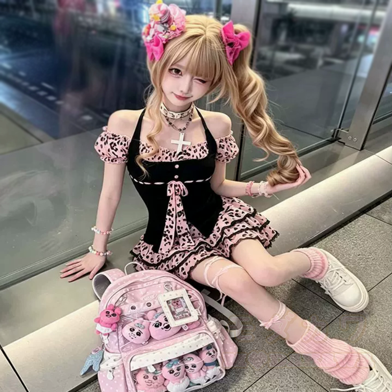 Sweet Strap Off Shoulder Top Leopard Skirt Two Pieces Set - image 2