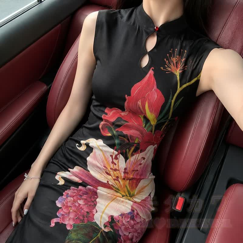 Chinese Style Lily Floral Print Sleeveless Long Qipao Dress - image 2