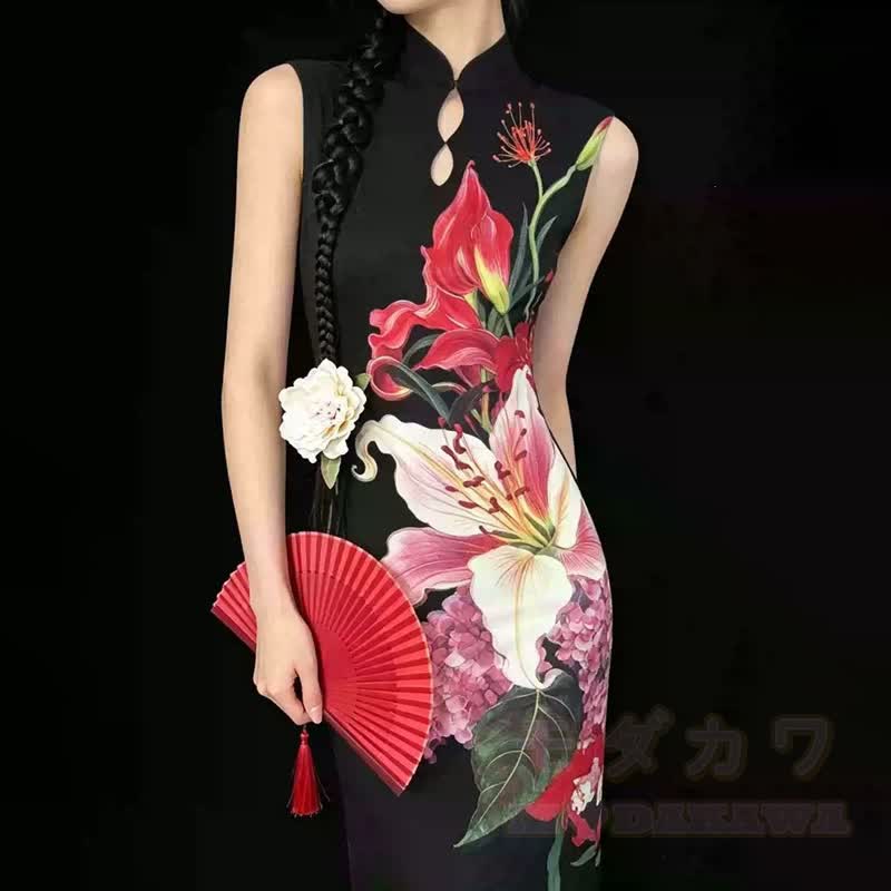 Chinese Style Lily Floral Print Sleeveless Long Qipao Dress - image 3