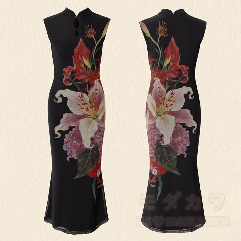 Chinese Style Lily Floral Print Sleeveless Long Qipao Dress - Black - 2XL - image 5