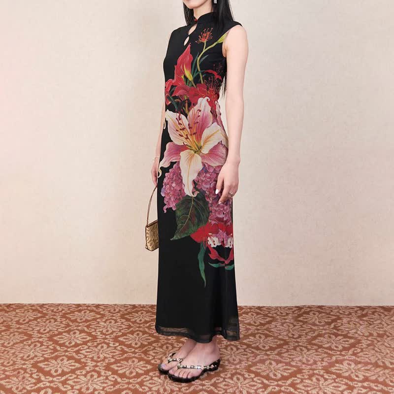 Chinese Style Lily Floral Print Sleeveless Long Qipao Dress - image 4