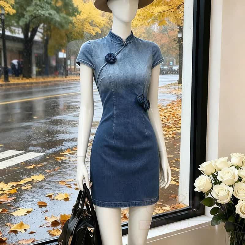 Chinese Style Gradient Denim Stand Collar Short Qipao Dress - Blue - 2XL - image 4