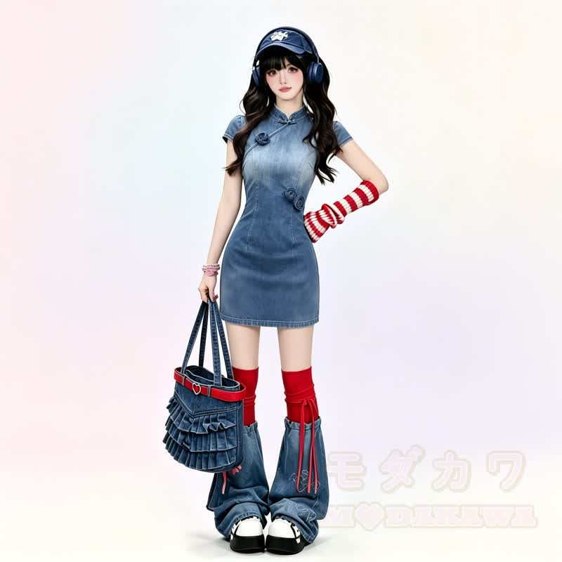Chinese Style Gradient Denim Stand Collar Short Qipao Dress - image 2