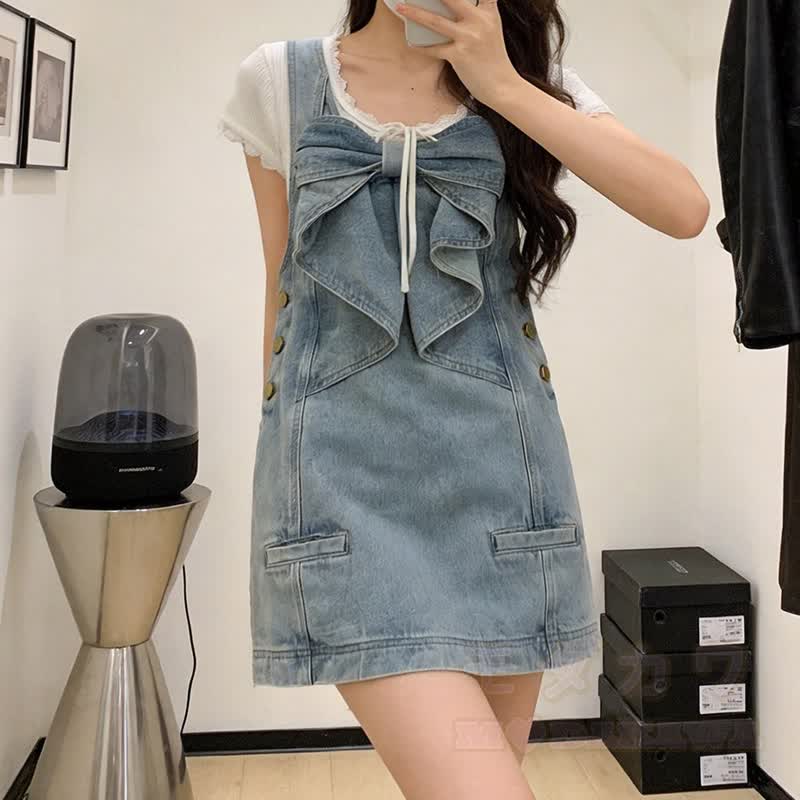 Sweet Blue 3D Bow Sleeveless Denim Dress - image 4