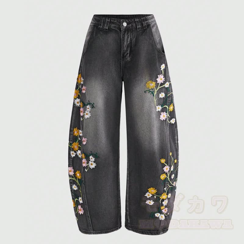Vintage Floral Embroidery Curved Wide Leg Denim Trousers - Black - 2XL - image 1