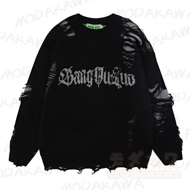 Vintage Distressed Fake Two Piece Long Sleeve Knit Sweatshirt - Black - 3XL - image 1