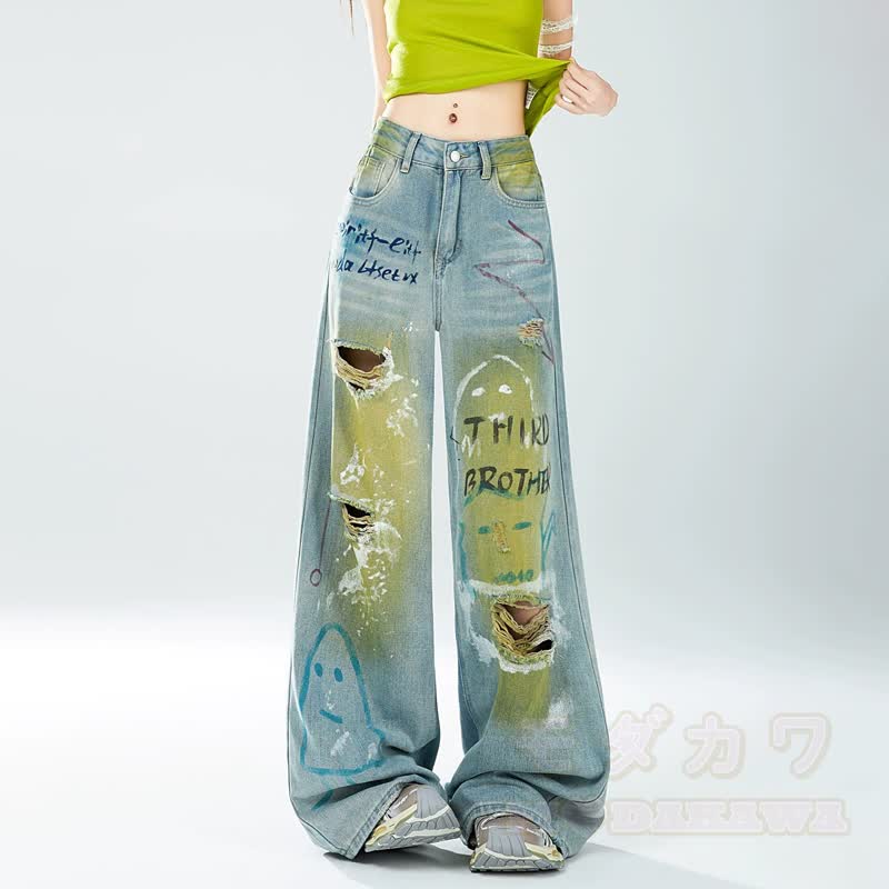 Vintage Dopamine Graffiti Ripped Distressed Loose Denim Jeans - Blue - XL - image 1