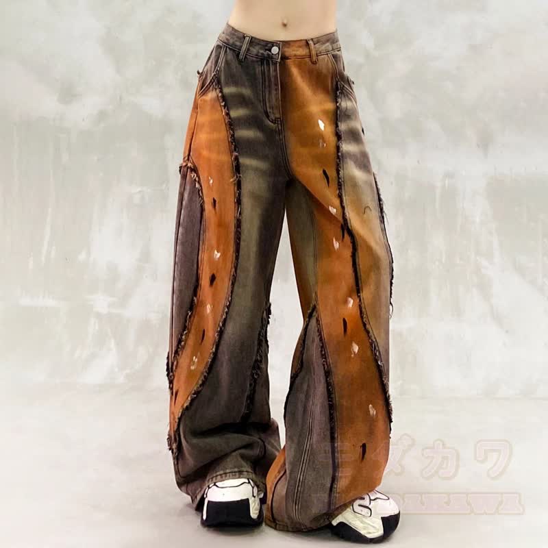 Vintage Distressed Mud Color Ripped Washed Flared Denim Jeans - Orange - XL - image 1