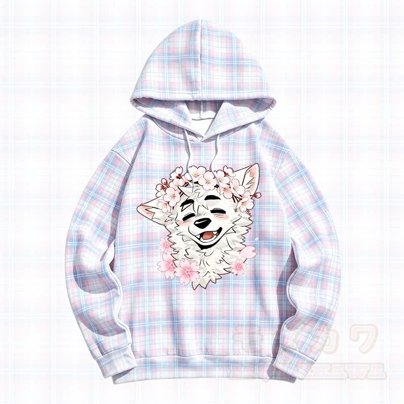  MODAKAWA X atka Plaid Cherry Blossom Wolf Print Hooded Sweatshirt - Purple - 5XL - image 1