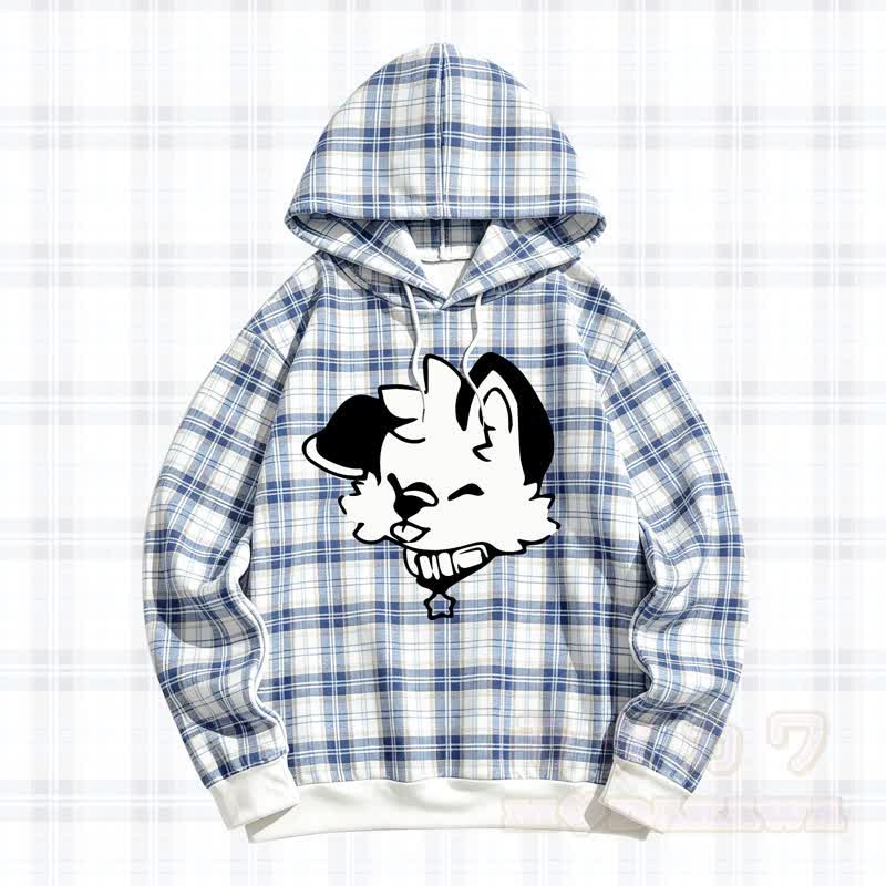 MODAKAWA X Popipeko Plaid Puppy Print Hooded Sweatshirt - Blue - 5XL - image 1