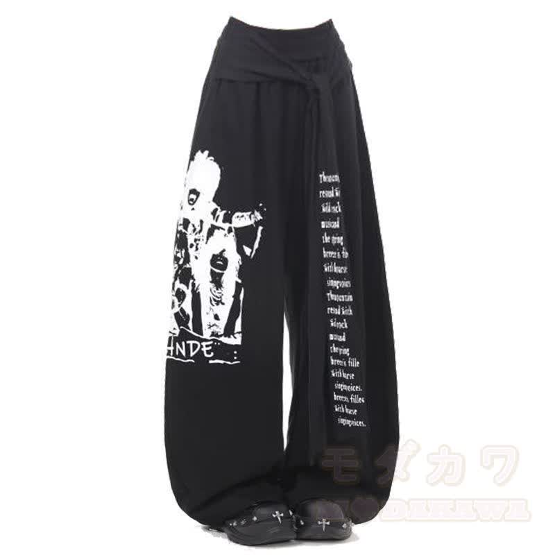 Vintage Street Printed Belted Drawstring Sweatpants - Black - 5XL - image 8