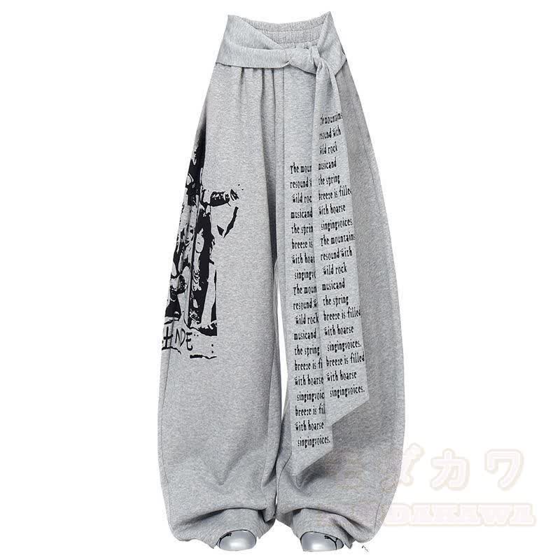 Vintage Street Printed Belted Drawstring Sweatpants - Grey - 5XL - image 7