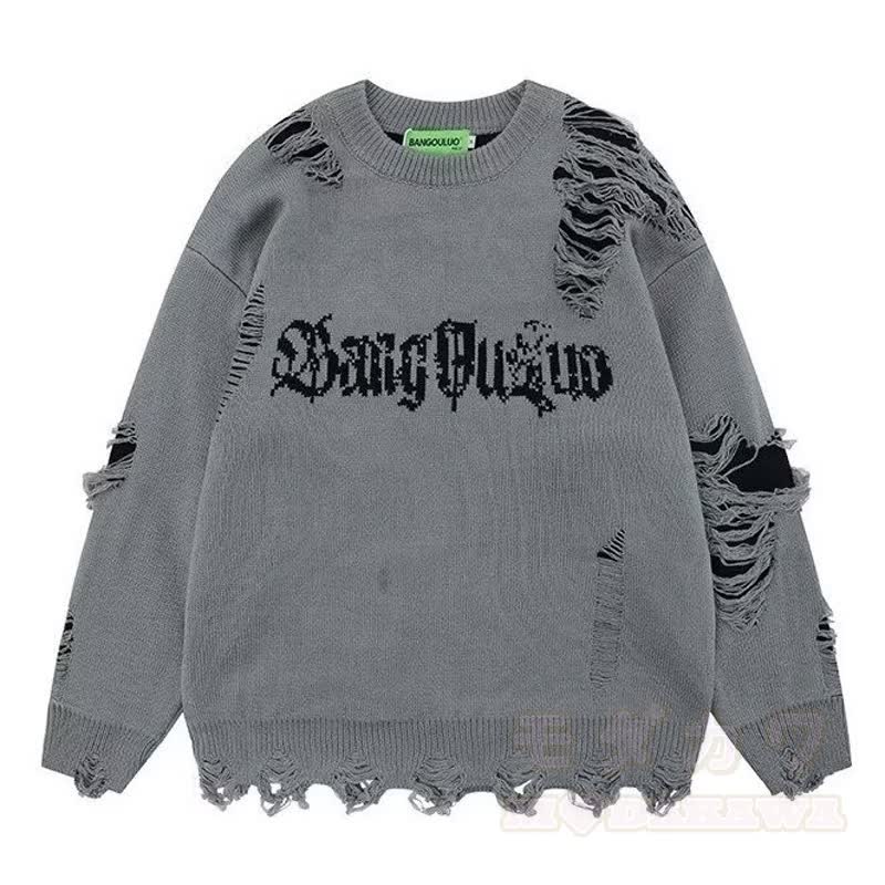 Vintage Distressed Fake Two Piece Long Sleeve Knit Sweatshirt - Grey - 3XL - image 3