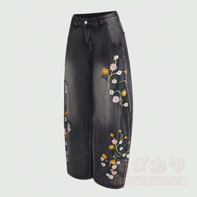 Vintage Floral Embroidery Curved Wide Leg Denim Trousers - image 3