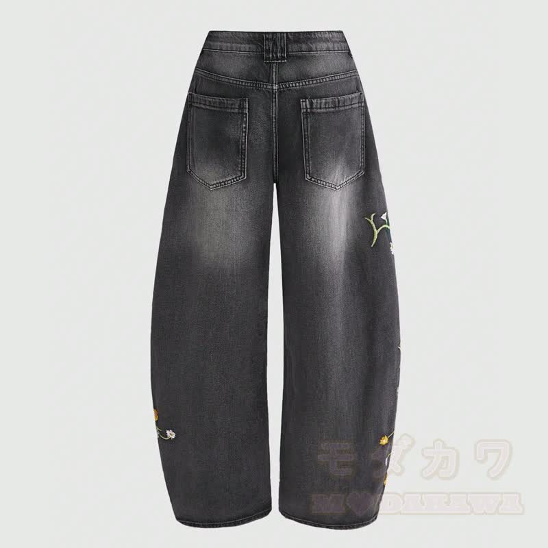 Vintage Floral Embroidery Curved Wide Leg Denim Trousers - image 2