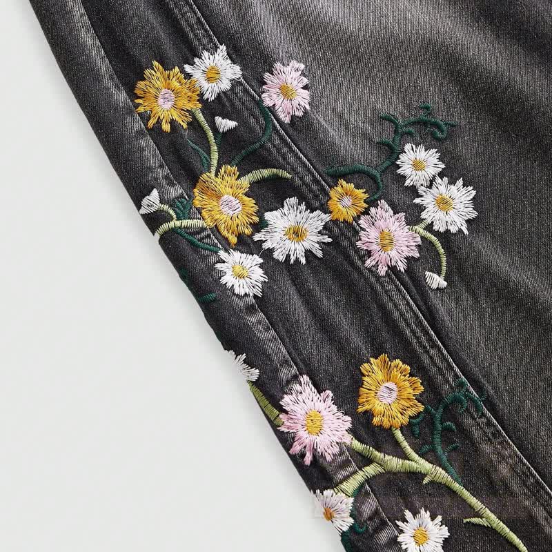 Vintage Floral Embroidery Curved Wide Leg Denim Trousers - image 5