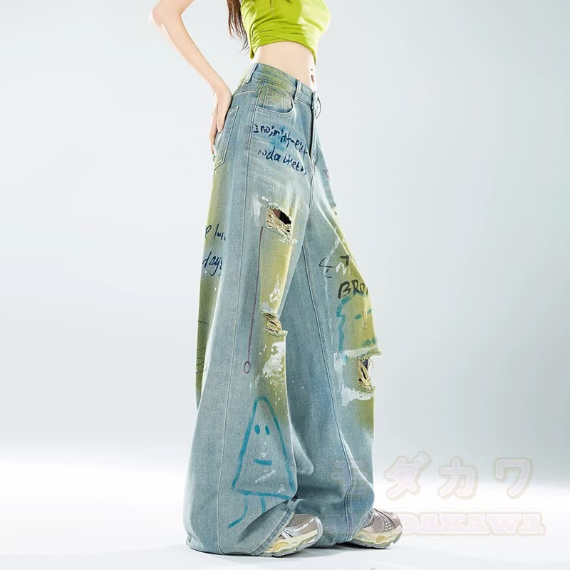 Vintage Dopamine Graffiti Ripped Distressed Loose Denim Jeans - image 4