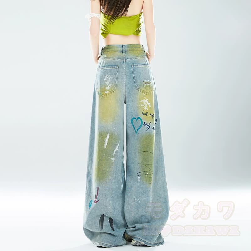 Vintage Dopamine Graffiti Ripped Distressed Loose Denim Jeans - image 3