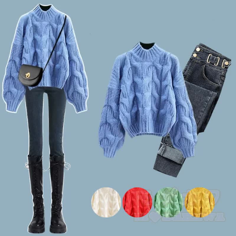 Vintage Cable Knit Half Turtleneck Sweater Skinny Denim Pants Two Pieces Set - image 1