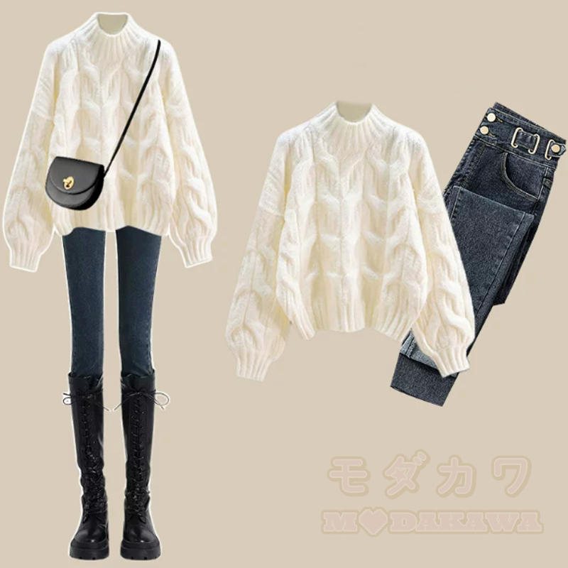 Vintage Cable Knit Half Turtleneck Sweater Skinny Denim Pants Two Pieces Set - Beige Set - XL - image 3