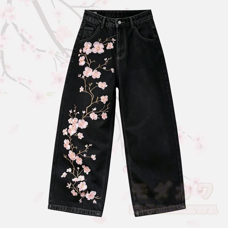 Vintage Cherry Blossom Embroidered Wide Leg Denim Jeans - Black - 2XL - image 1