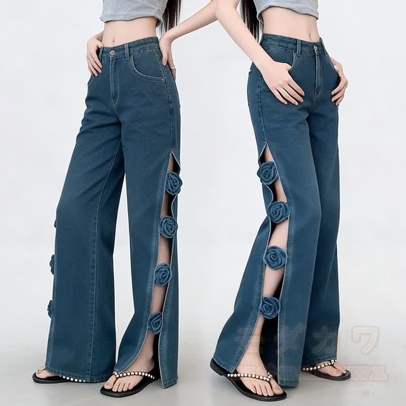 Vintage Hollow Out Floral Cut Slit Wide Leg Denim Pants - Blue - 4XL - image 1