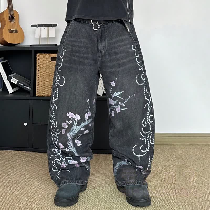 Vintage Plum Blossom Ink Print Baggy Wide Leg Denim Jeans - Black - 2XL - image 1