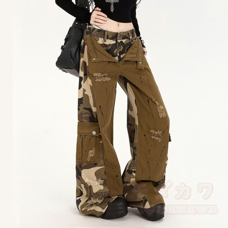 Vintage Camo Patchwork Cargo Wide Leg Denim Jeans - Brown - 4XL - image 1