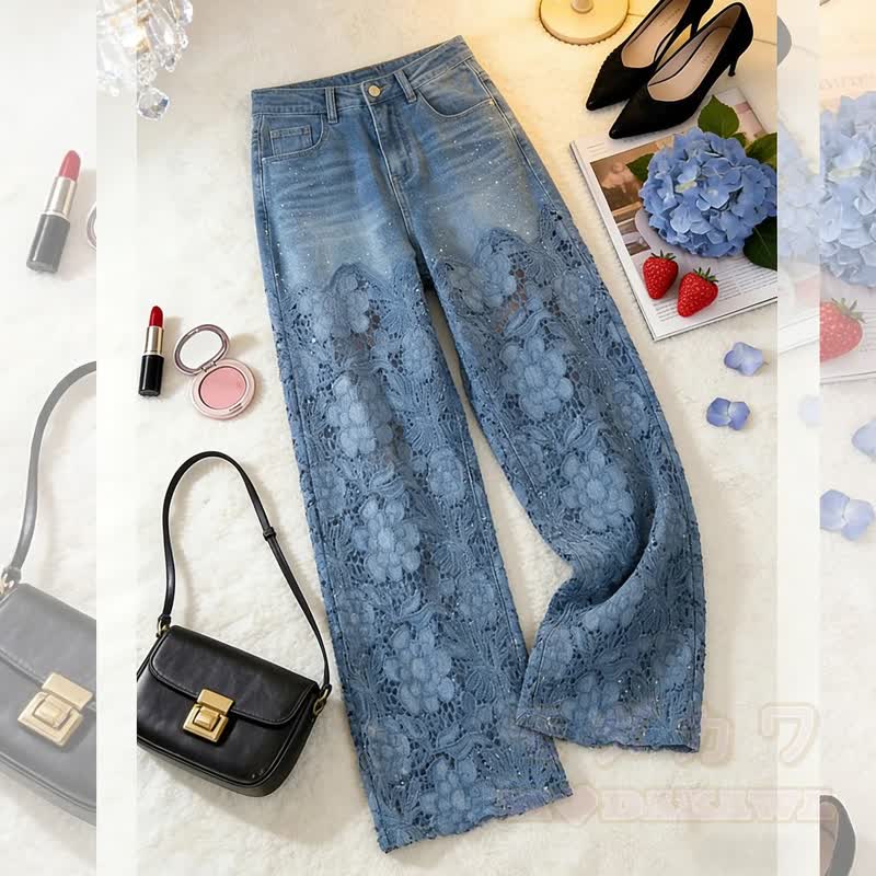 Vintage Lace Spliced High Waist Wide Leg Denim Pants - image 1