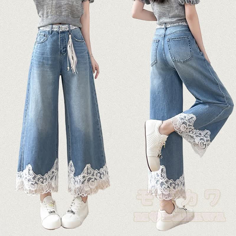 Vintage Lace Spliced Straight Leg Cropped Denim Wide Leg Pants - image 1