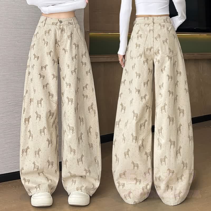 Vintage Horse Jacquard High Waist Wide Leg Denim Pants  - image 1
